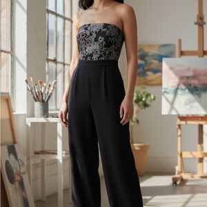 BCBGMaxAzria Black and Silver Strapless Jumpsuit